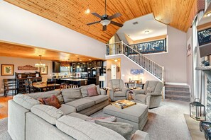 Smart TV, fireplace, foosball