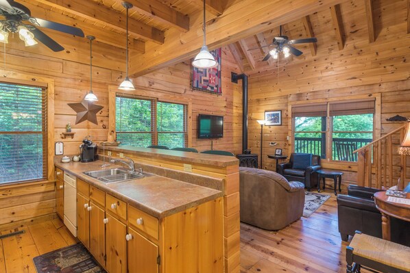 TV, fireplace - Firefly Lodge | Private Log Cabin with Gas Grill & Mountain Views! (Black Mountain)