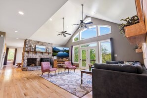 Älytelevisio, takka, kirjoja, stereot