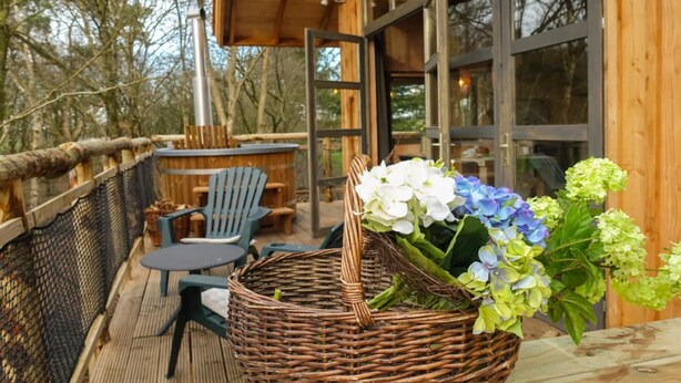 A wooden deck with wicker chairs and a table, a wicker basket with flowers, and a glass door leading inside. - Comfortable Chalet, in a Beautiful Holiday Park (Ruinen)
