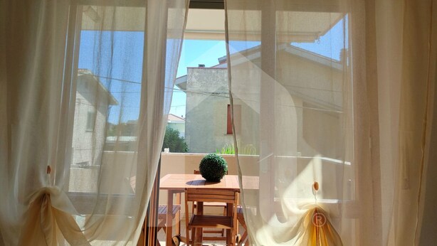 Ein Zimmer mit Tisch und Stühlen, einer kleinen Topfpflanze und Blick durch transparente Vorhänge.
