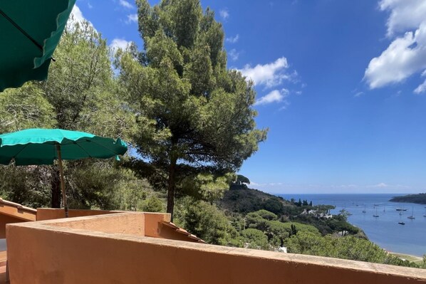 Una terraza con un parasol verde, con vistas a un paisaje costero con árboles y barcos.
