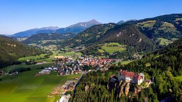 An aerial view of a town with a castle on a cliff, surrounded by mountains and forests.