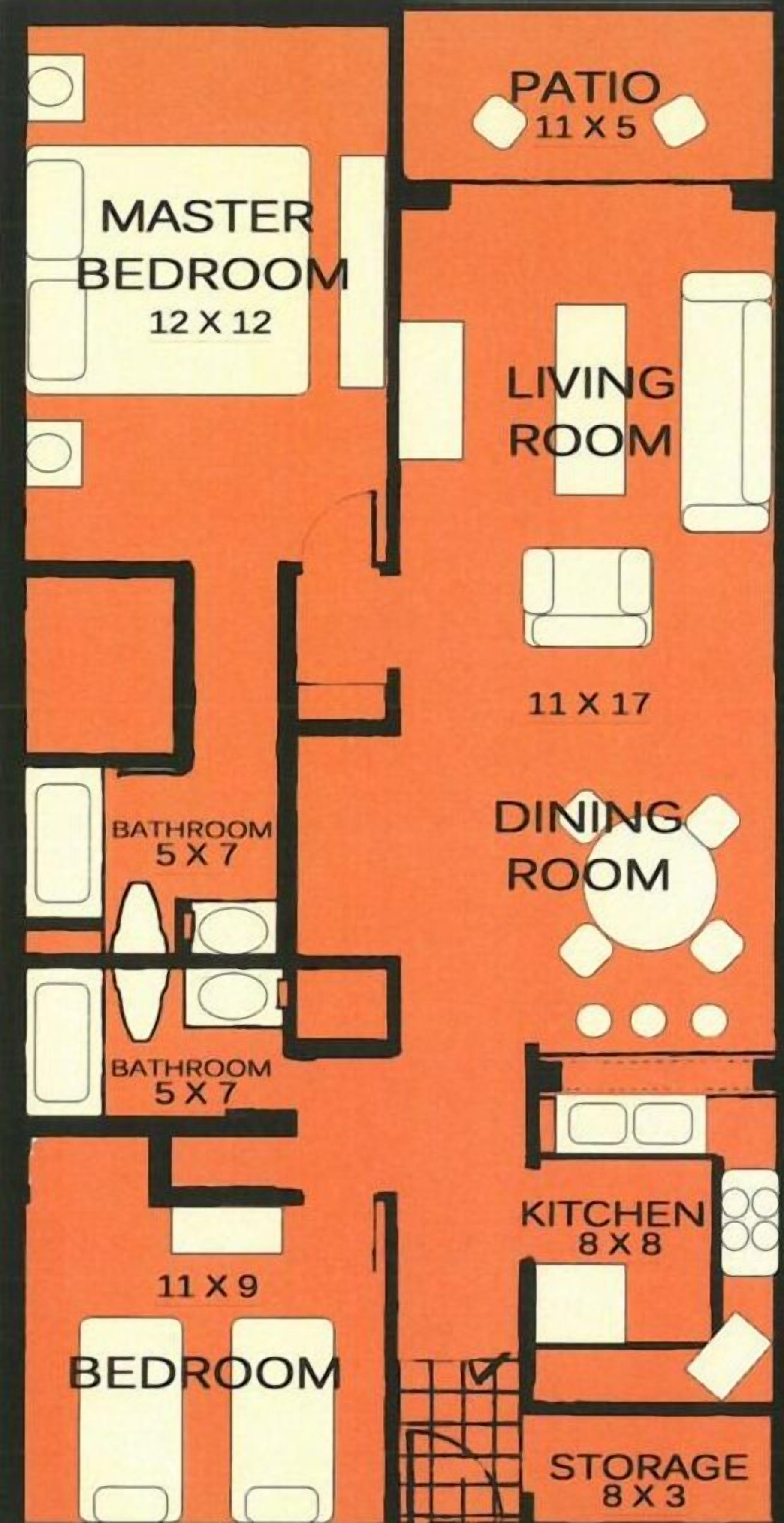 Grundriss mit Hauptschlafzimmer (3,6 x 3,6 Meter), Wohnzimmer (3,3 x 5,2 Meter), Esszimmer, Küche (2,4 x 2,4 Meter), zwei Bädern (1,5 x 2,1 Meter jeweils), einem Schlafzimmer (3,3 x 2,7 Meter) und einem Abstellraum (2,4 x 0,9 Meter).