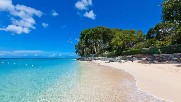 Une plage à l’eau turquoise et limpide, bordée d’un rivage sablonneux et d’une végétation luxuriante.