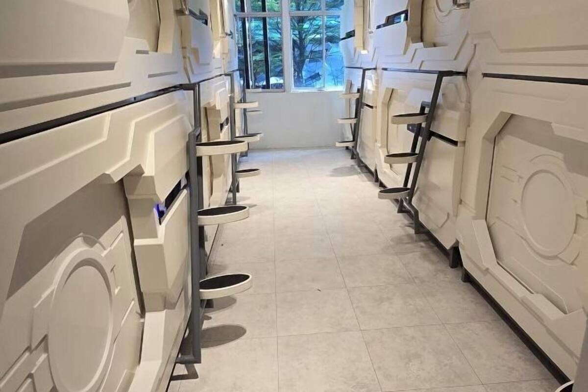 A row of white, futuristic-looking sinks with a window in the background.