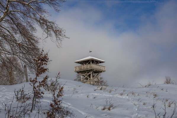 Un mirador de fusta amb un balcó, envoltat de terra coberta de neu i vegetació escassa.