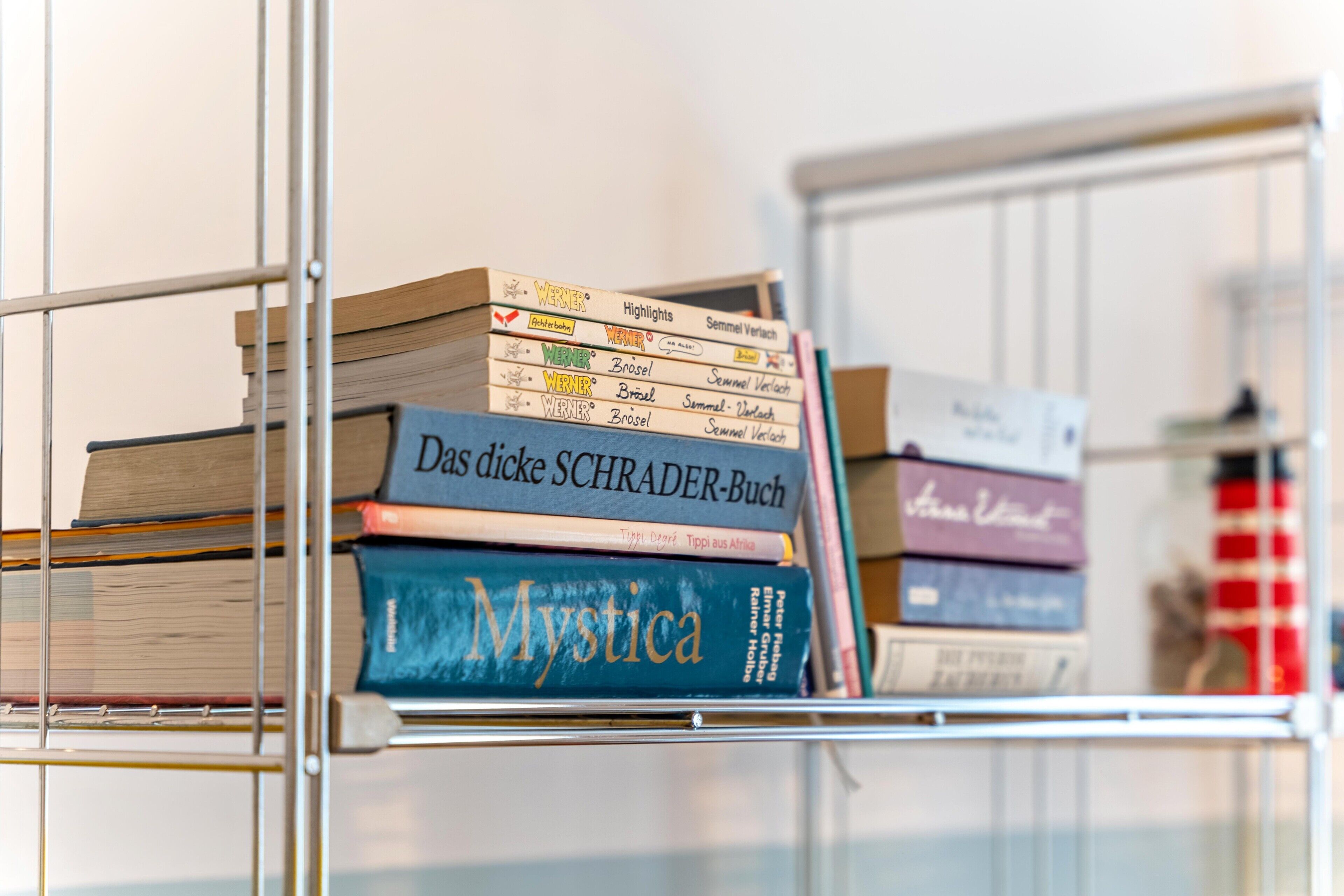 A metal bookshelf with various books.