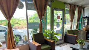 Een kamer met een bank, stoelen, een tafeltje en een plant in pot.
