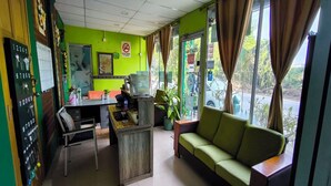Een kamer met een groene wand, een bureau met een computer, een bank en een raam met gordijnen.