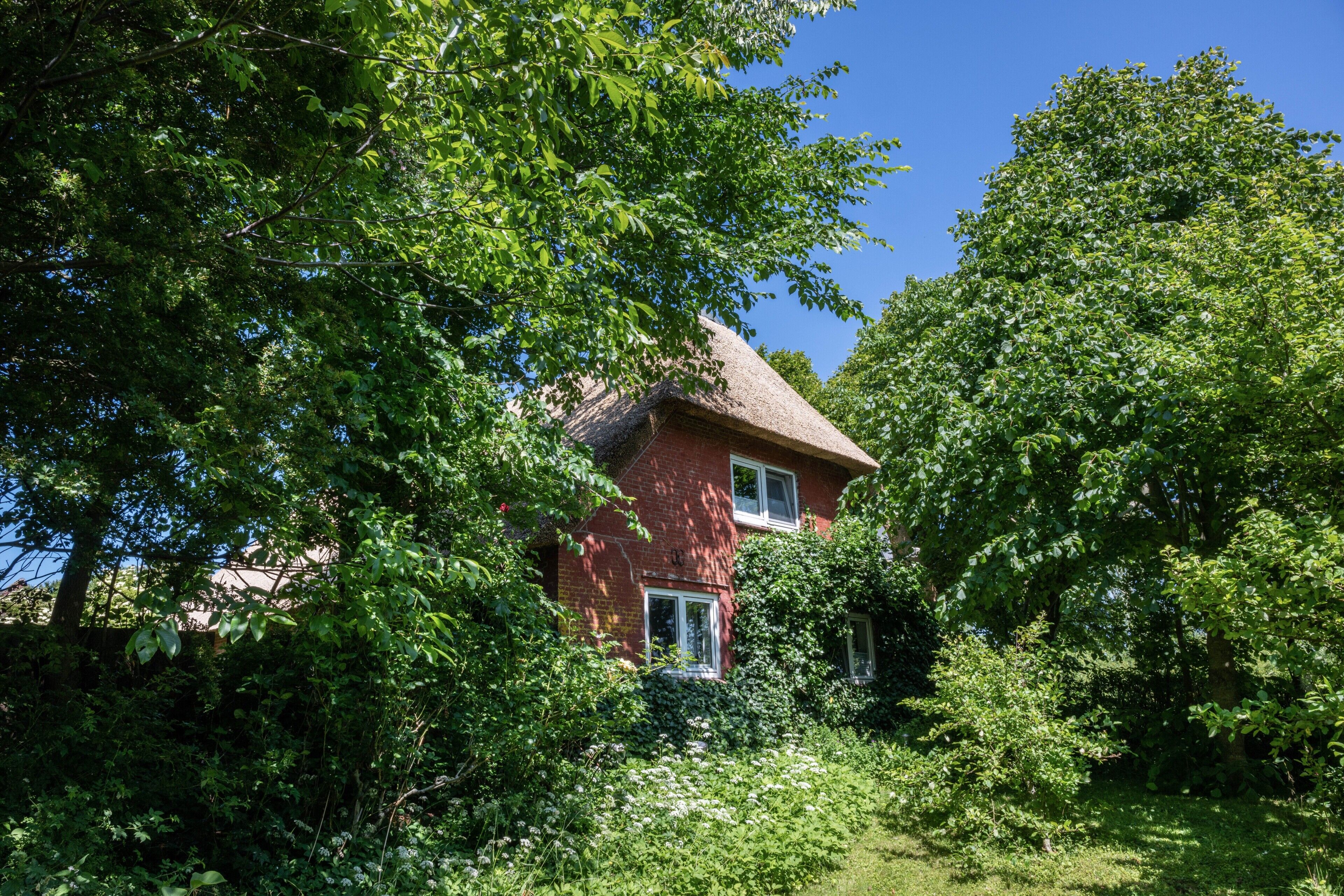 Ein rotes Backsteinhaus, umgeben von dichtem Grün.