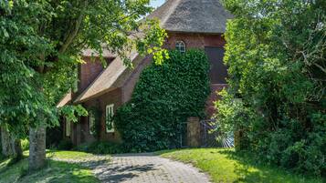 Ein Backsteinhaus mit einem Strohdach, von Efeu bewachsenen Mauern und einem gepflasterten Weg zum Eingang.