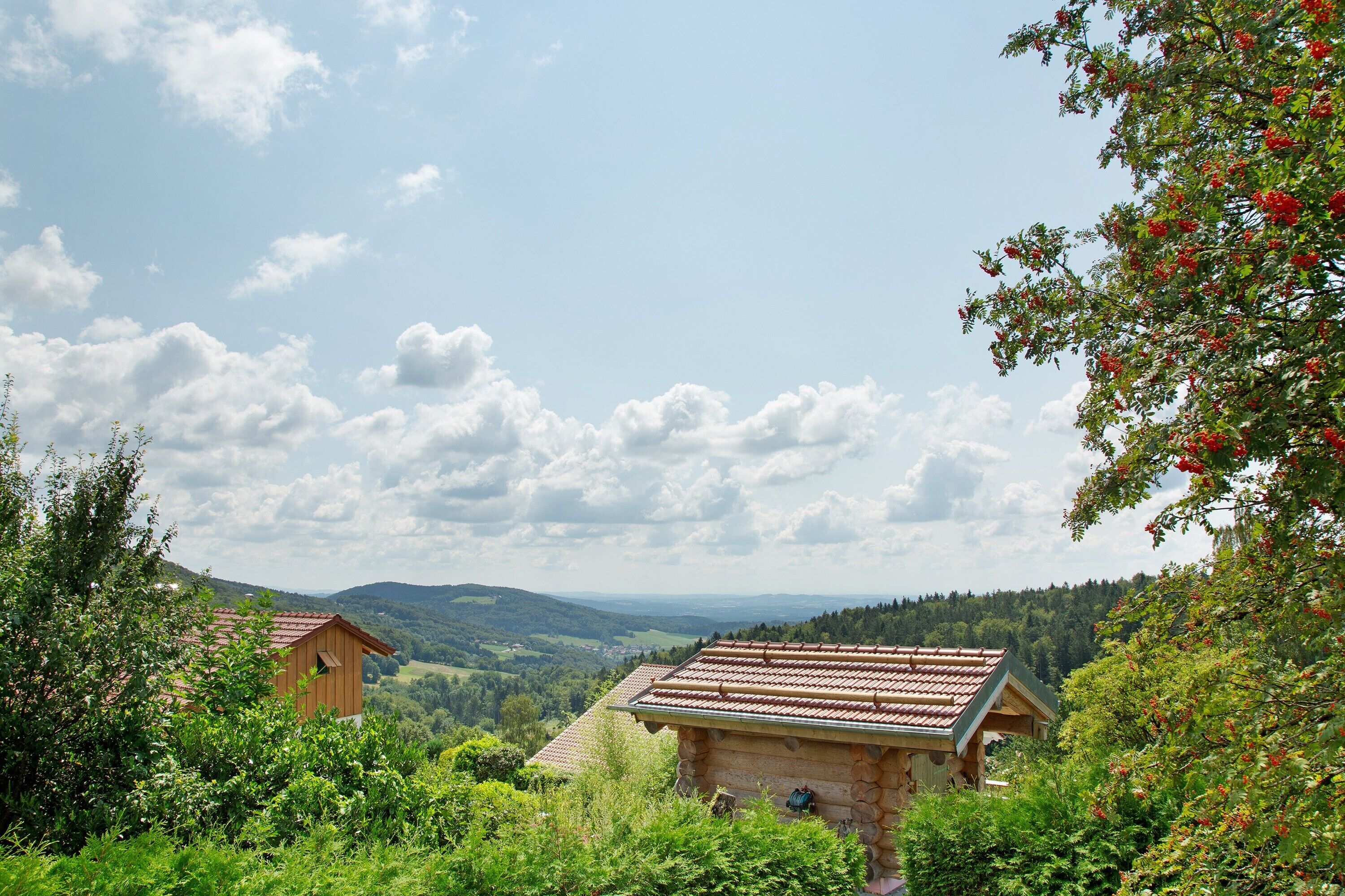Eine rustikale Holzhütte mit Ziegeldach, umgeben von üppiger Vegetation und einer Berglandschaft.