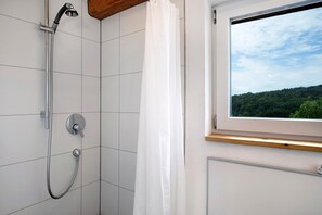 Shower, hair dryer, towels