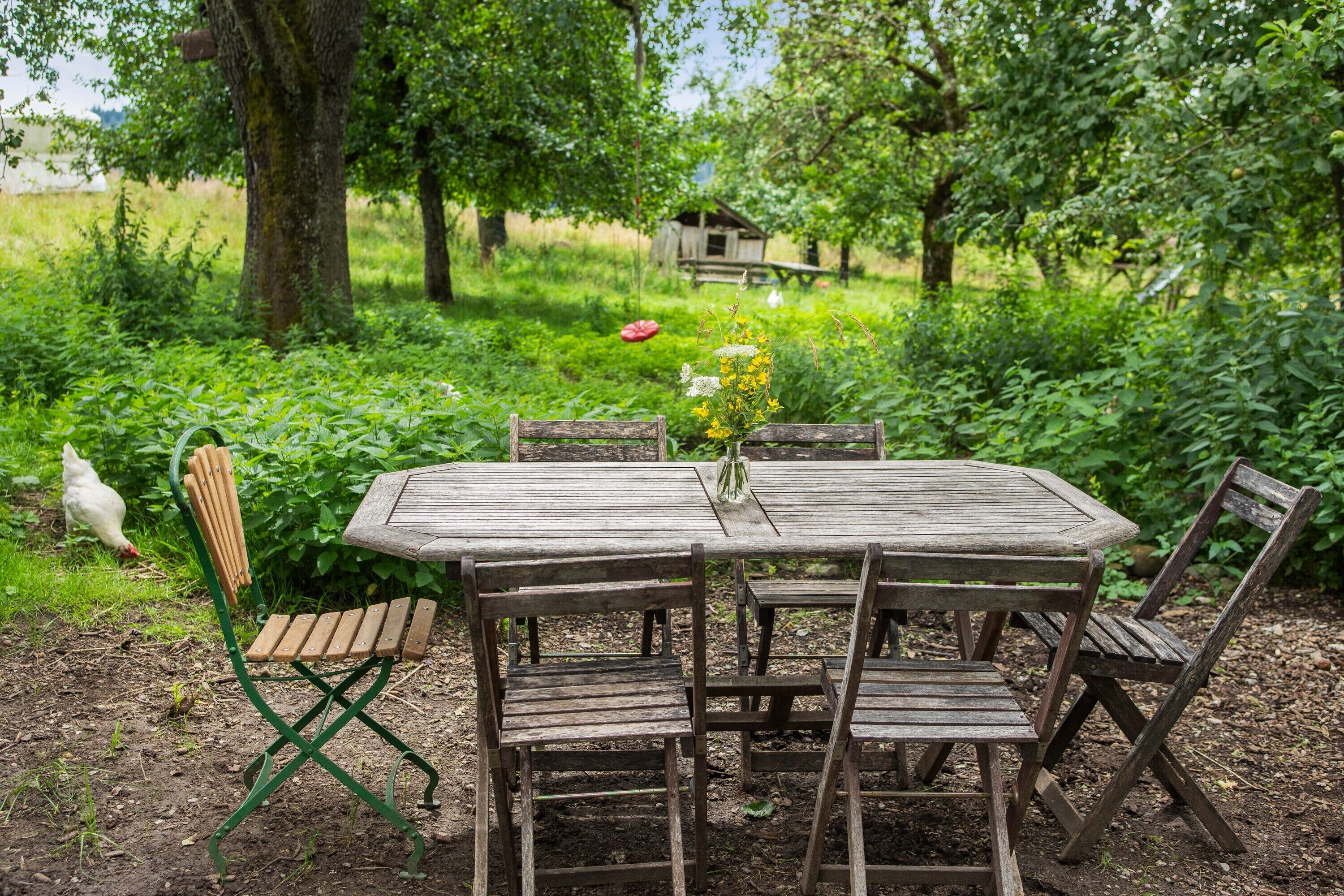 Une table en bois placée à l’extérieur, avec des chaises, entourée de verdure et située dans un cadre champêtre.