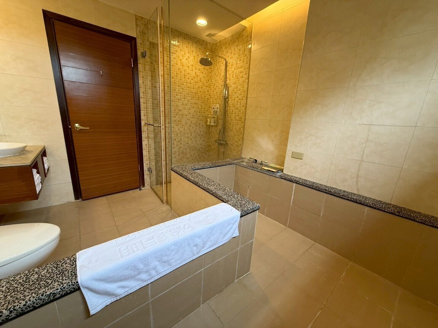 A bathroom with a shower, toilet, and vanity.