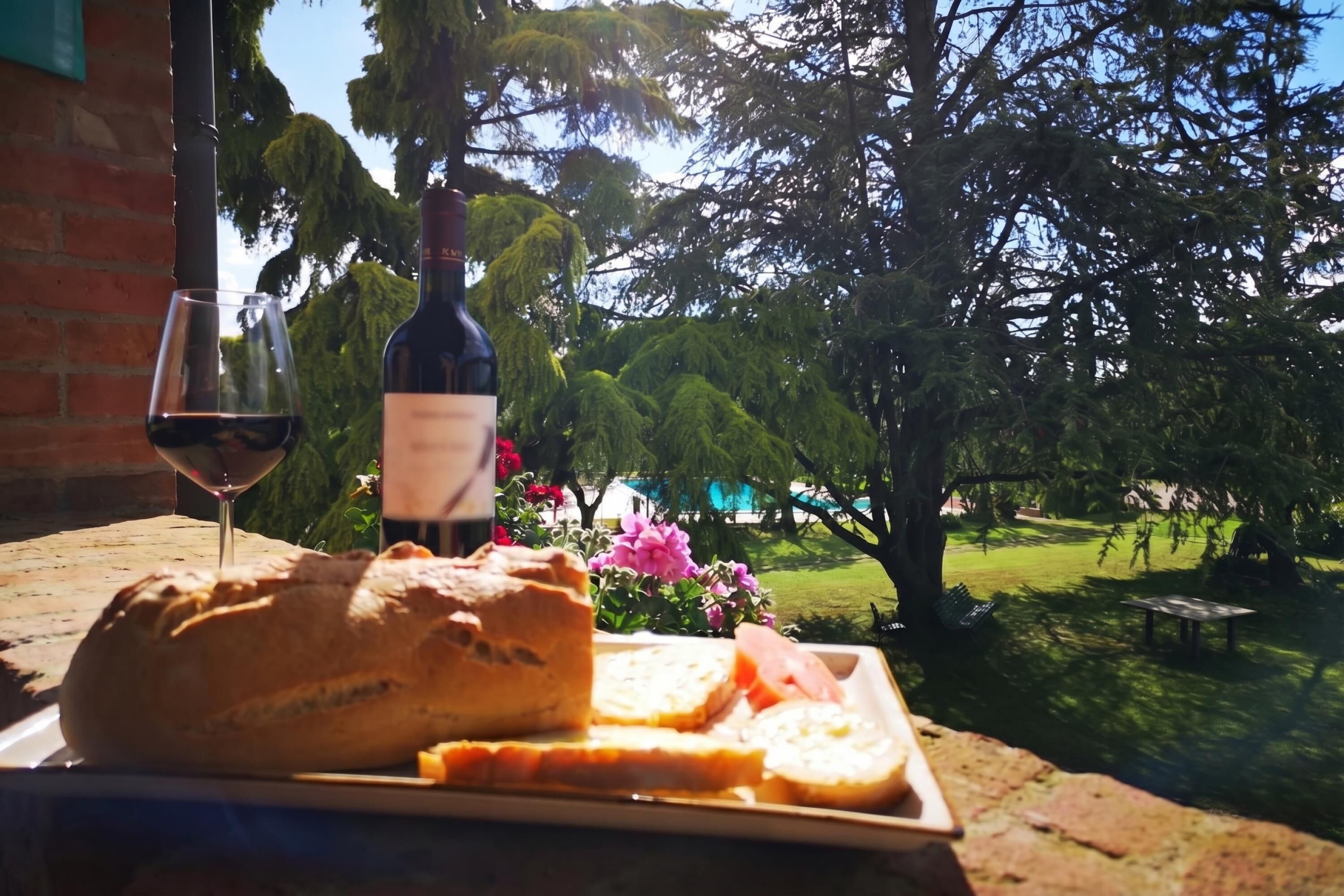 Une table avec une miche de pain, une bouteille de vin et un verre de vin rouge.