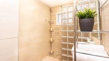 Shower, towels, soap, shampoo