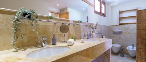 Combined shower/bathtub, hair dryer, bidet, towels