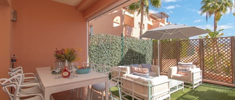 Family Apartment, Multiple Bedrooms, 2 Bathrooms, Mountainside (Family Duplex Riviera With Pool) | Outdoor dining