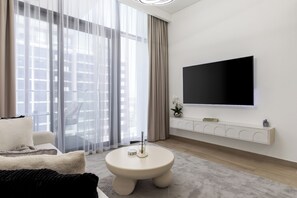 Luxury Apartment | Living area - Waves - Azizi Riviera 24: Modern 1 Bedroom Apartment (Dubai)