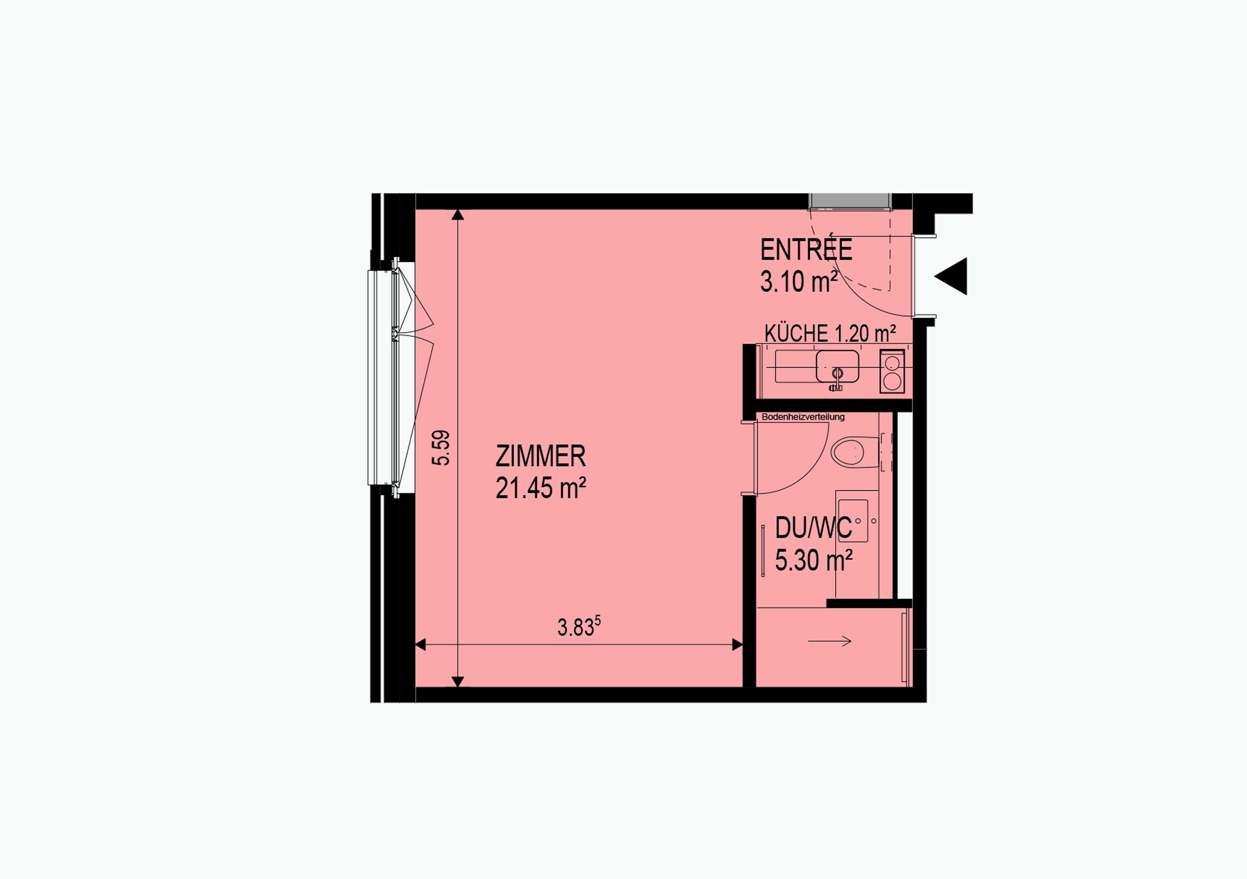 A floor plan of a hotel room with a 21.45 m² living area, a 3.10 m² entrance, a 1.20 m² kitchen, and a 5.30 m² bathroom.