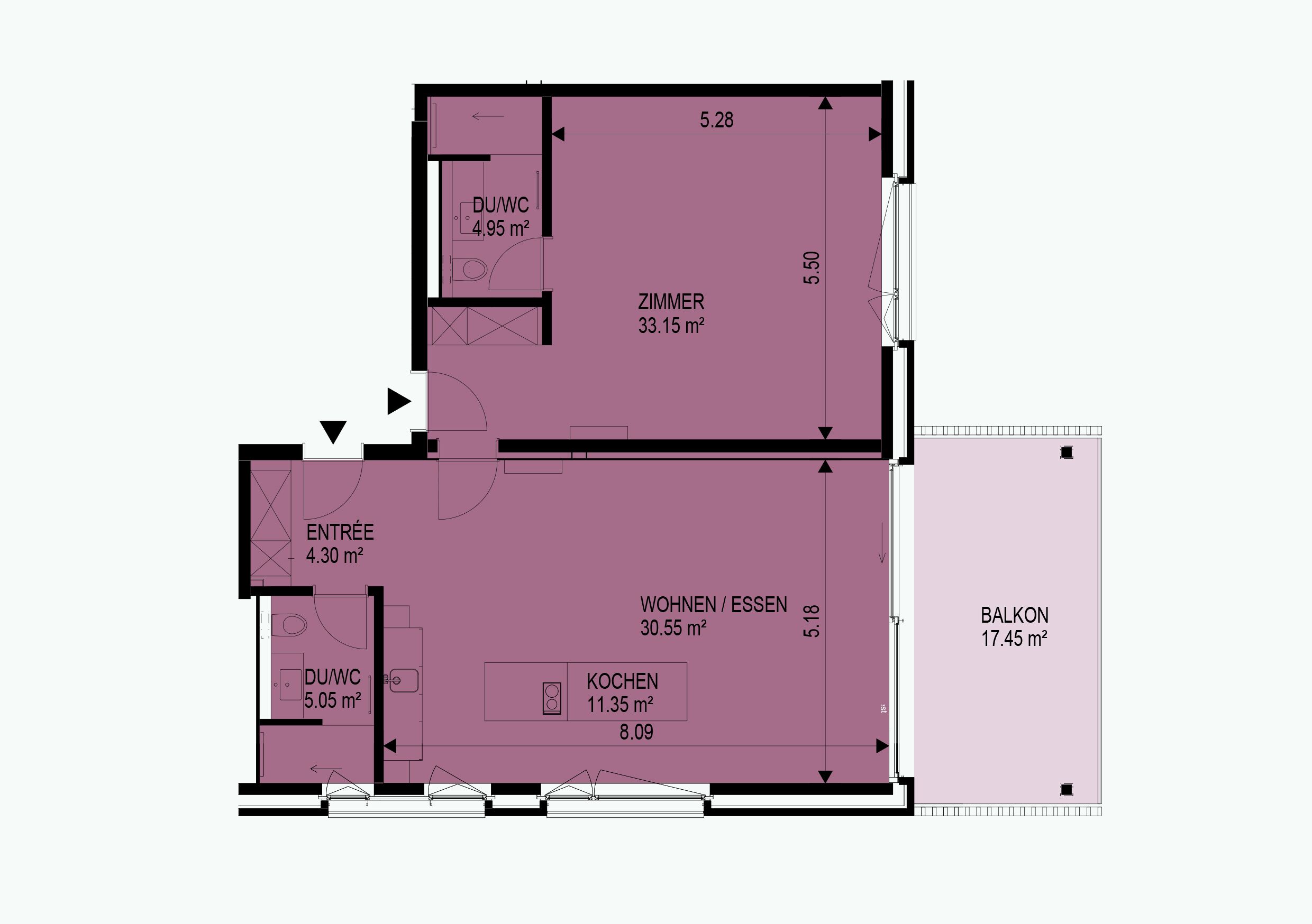 A floor plan of a hotel room with a balcony, kitchenette, bathroom, and living area.