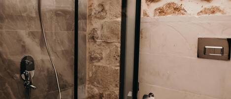 Et badeværelse med en brusekabine med glasvægge, et toilet og en skraldespand.
