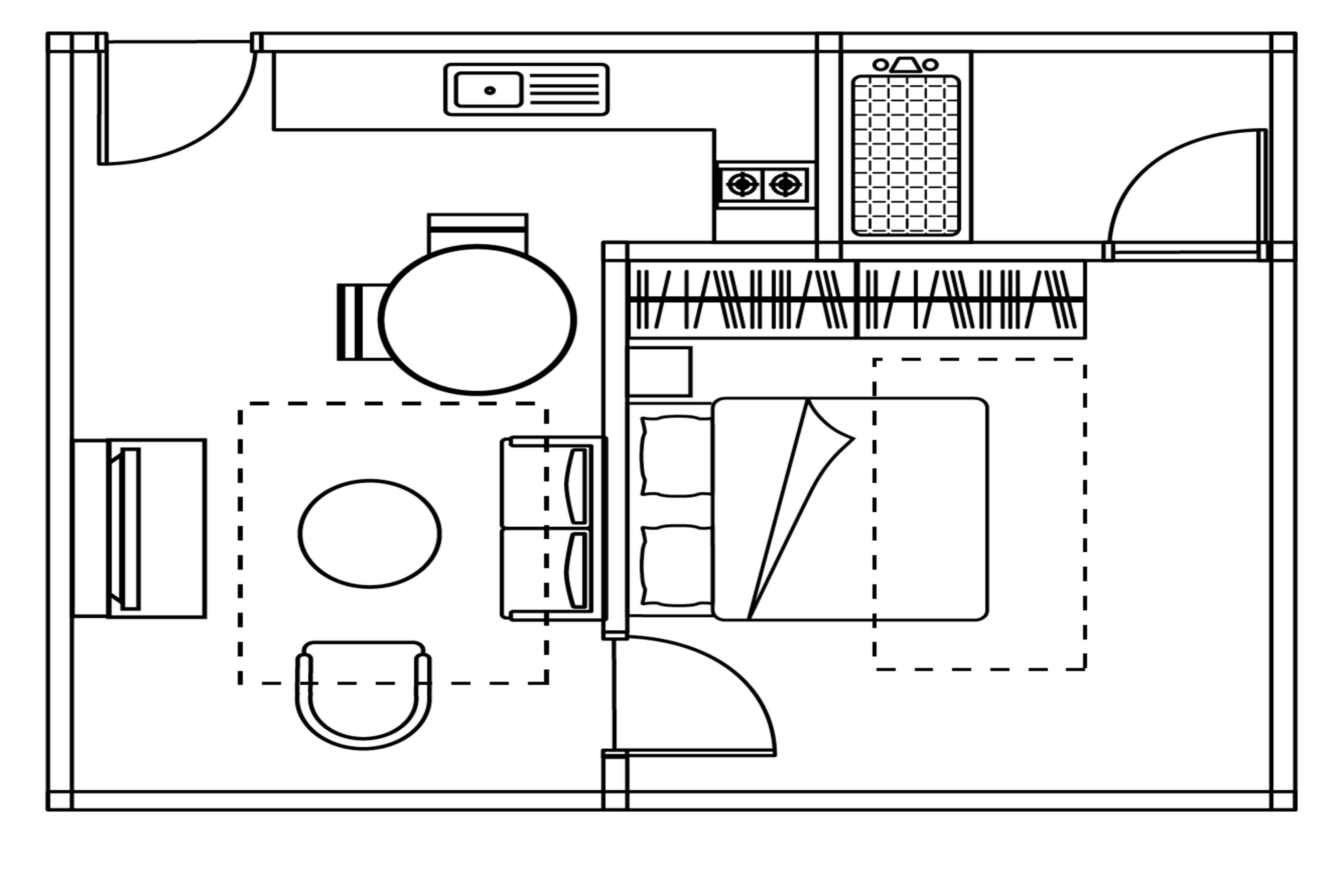 A floor plan of a hotel room with a bed, a desk, a chair, a wardrobe, a bathroom, and a kitchenette.