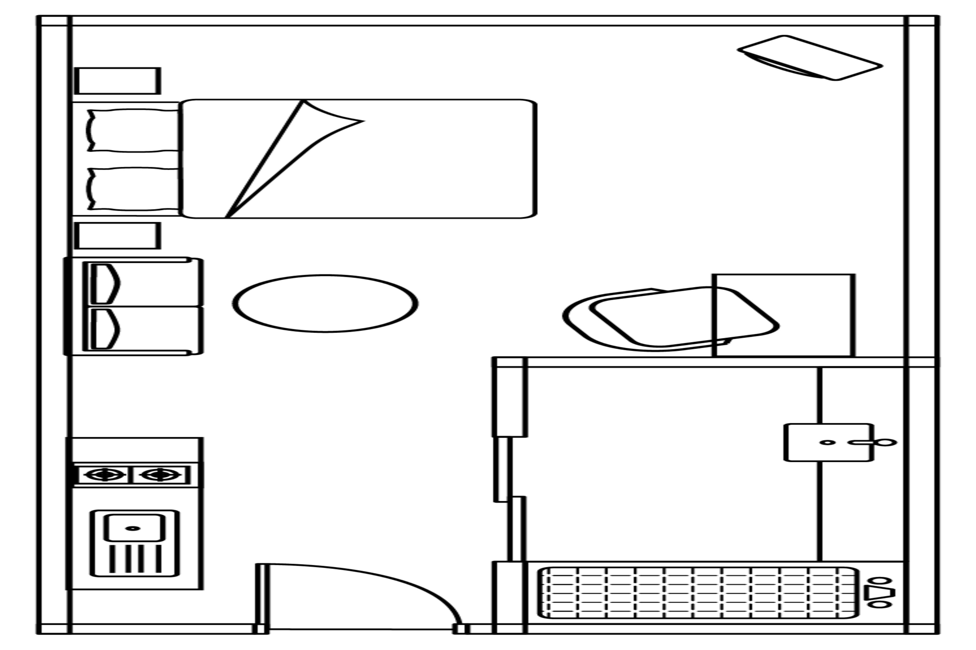 Plano de un cuarto de hotel con cama, escritorio, silla, una mesita y ventana.