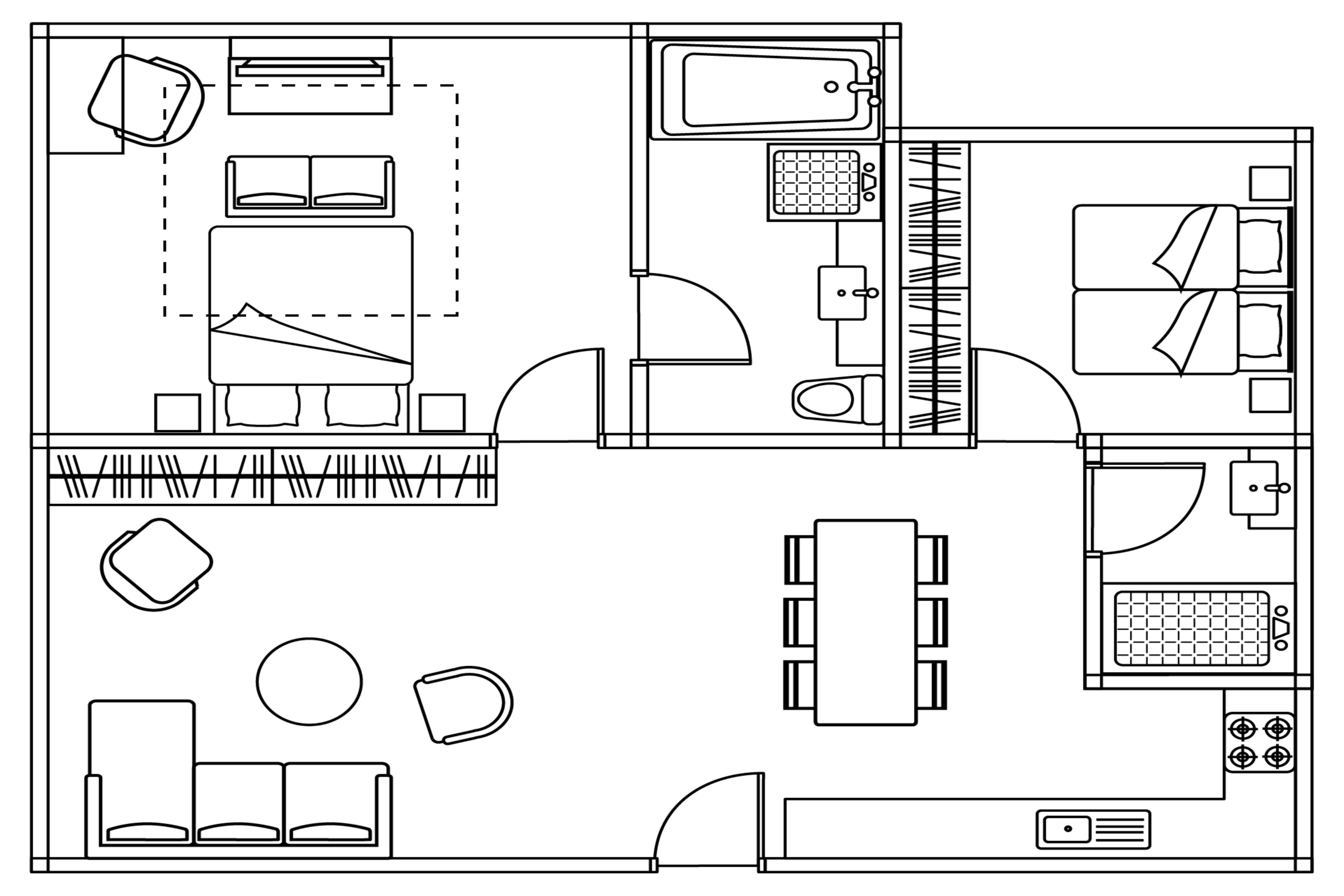 A hotel room layout with a bed, desk, chair, and a small kitchenette.