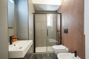 Shower, hair dryer, bidet, towels