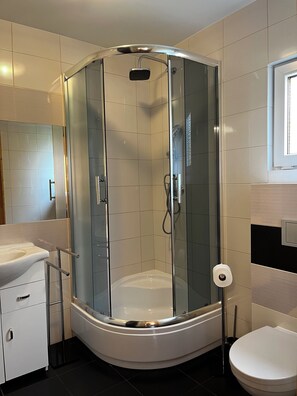 Douche, séchoir à cheveux, serviettes fournies, papier de toilette