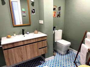 Hair dryer, towels, soap, toilet paper