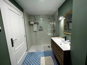 Hair dryer, towels, soap, toilet paper