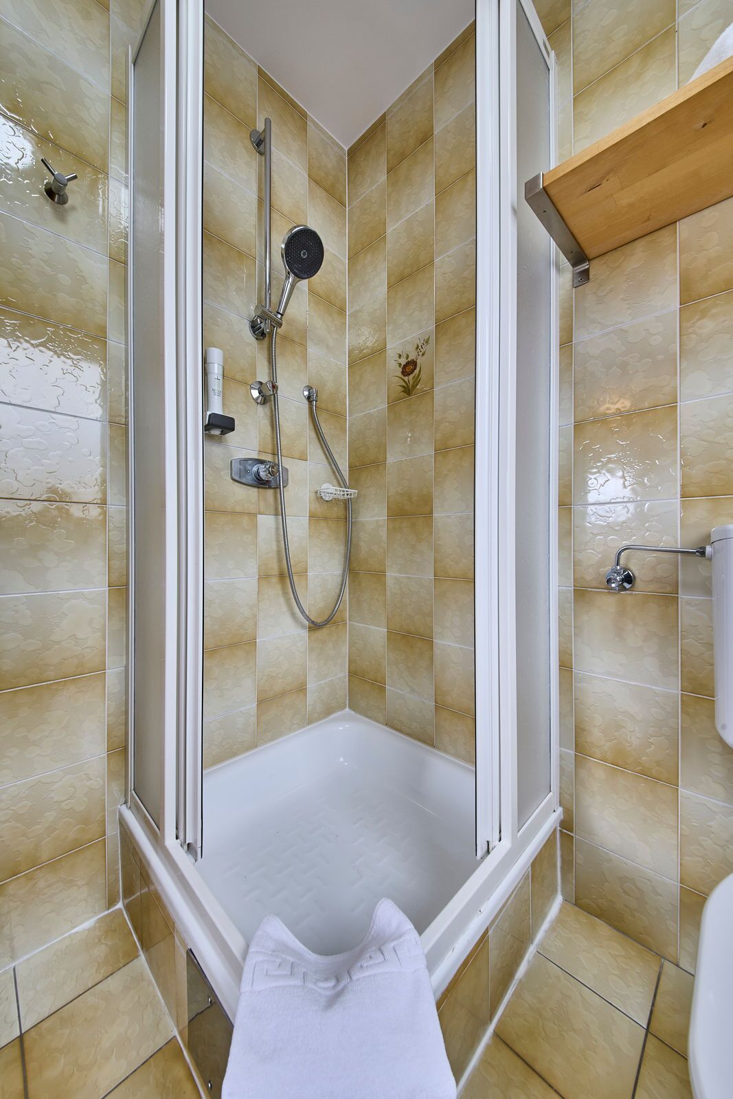 Ducha con puerta de vidrio, cabezal de ducha de mano y rociador de mano.