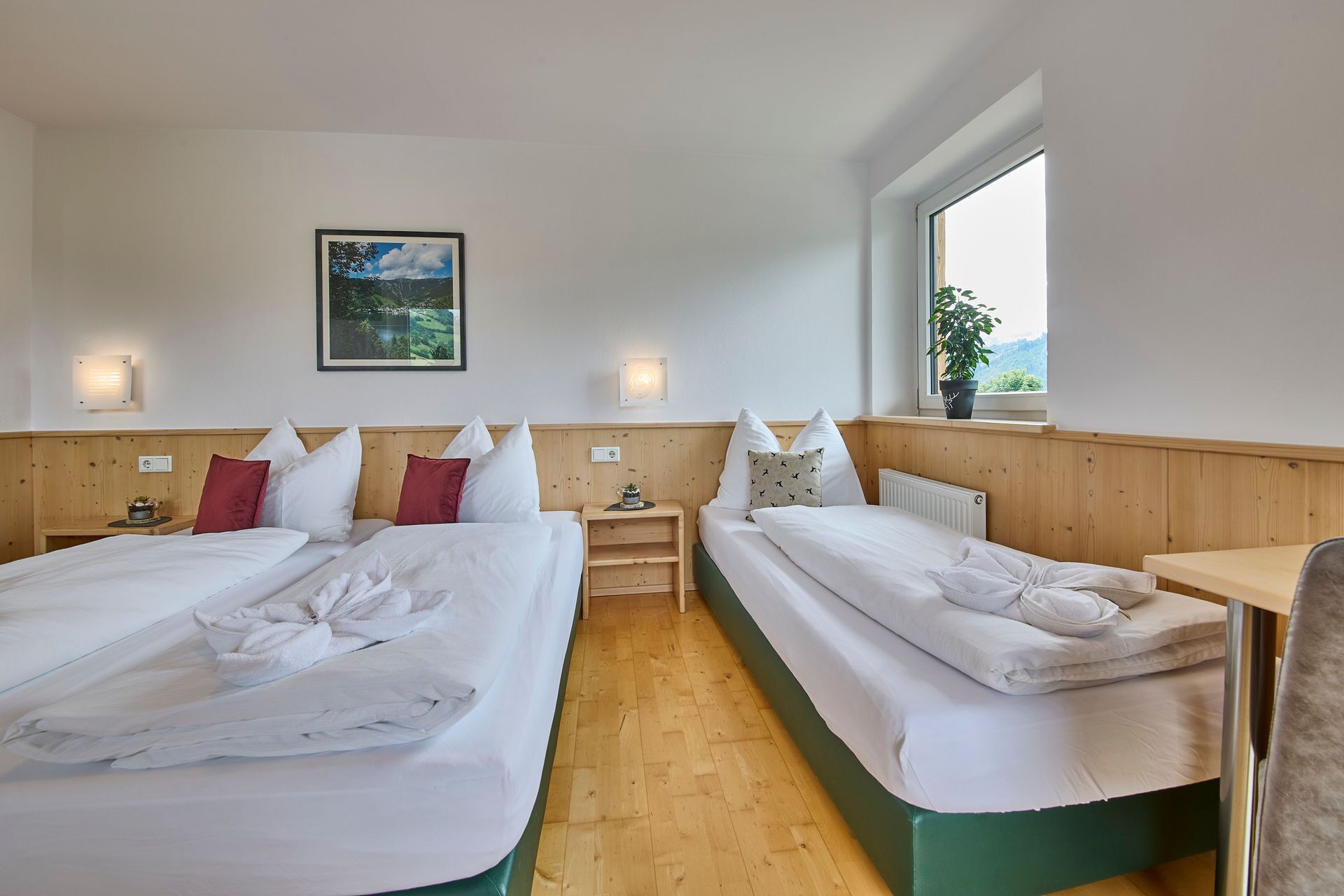 Habitación de hotel con dos camas, cabecera de madera, una mesita de noche con una planta, ventana con vistas y un cuadro en la pared.
