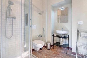 Shower, hair dryer, bidet, towels