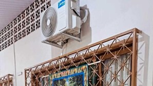 Ein farbiges Sofa, eine Wand-Klimaanlage und eine Wand mit einem tropischen Gemälde.