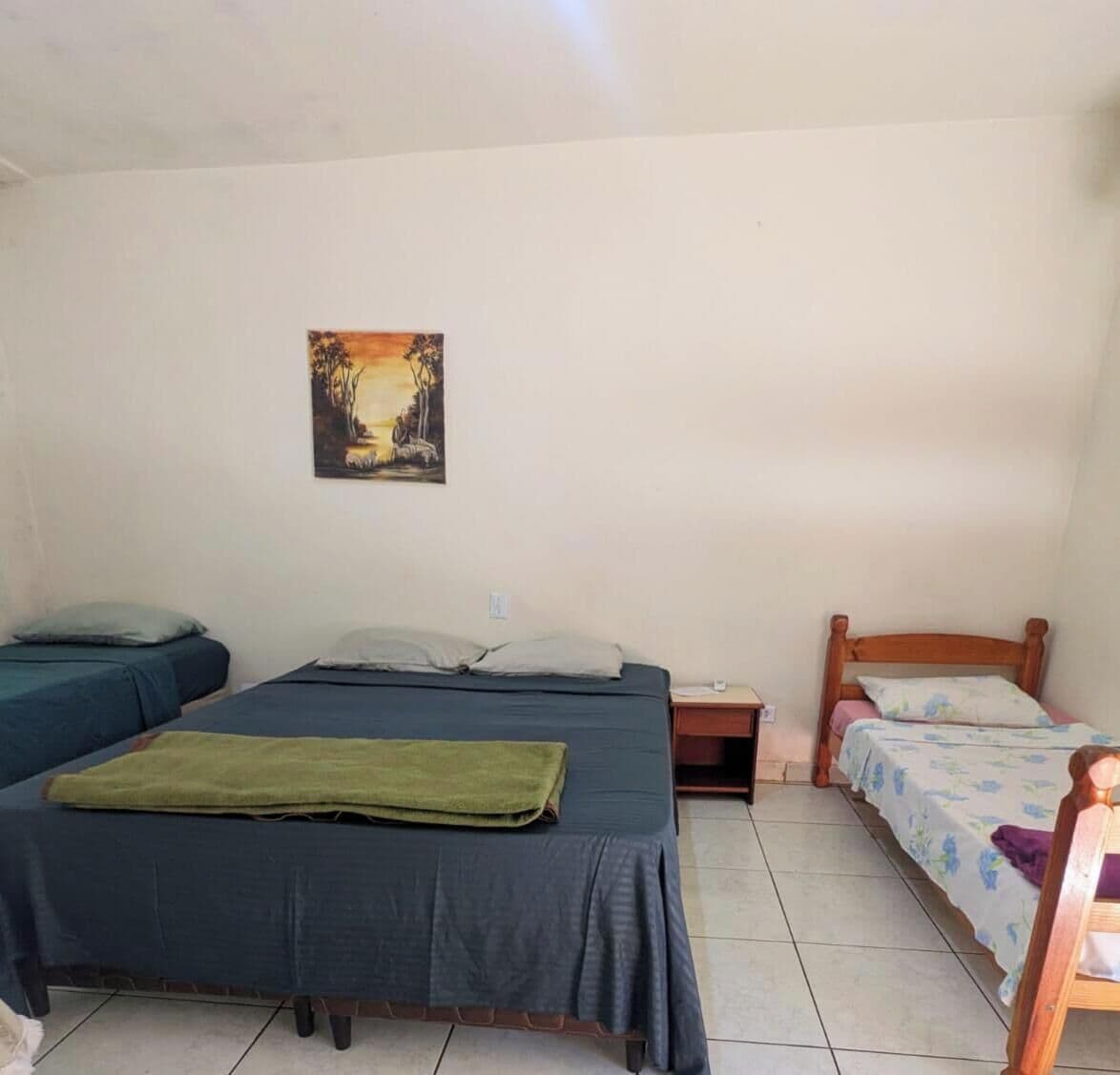 A room with two beds, a nightstand, and a painting on the wall.