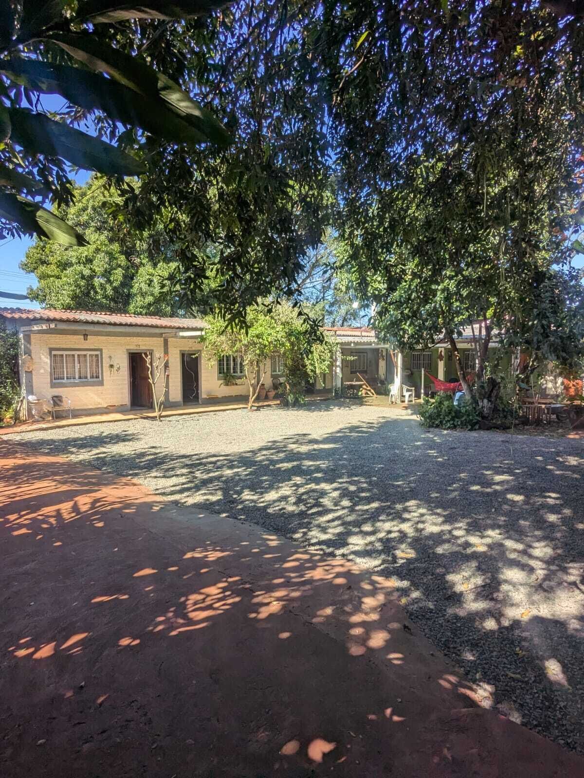 A residential area with a house, a gravel driveway, and surrounding trees.