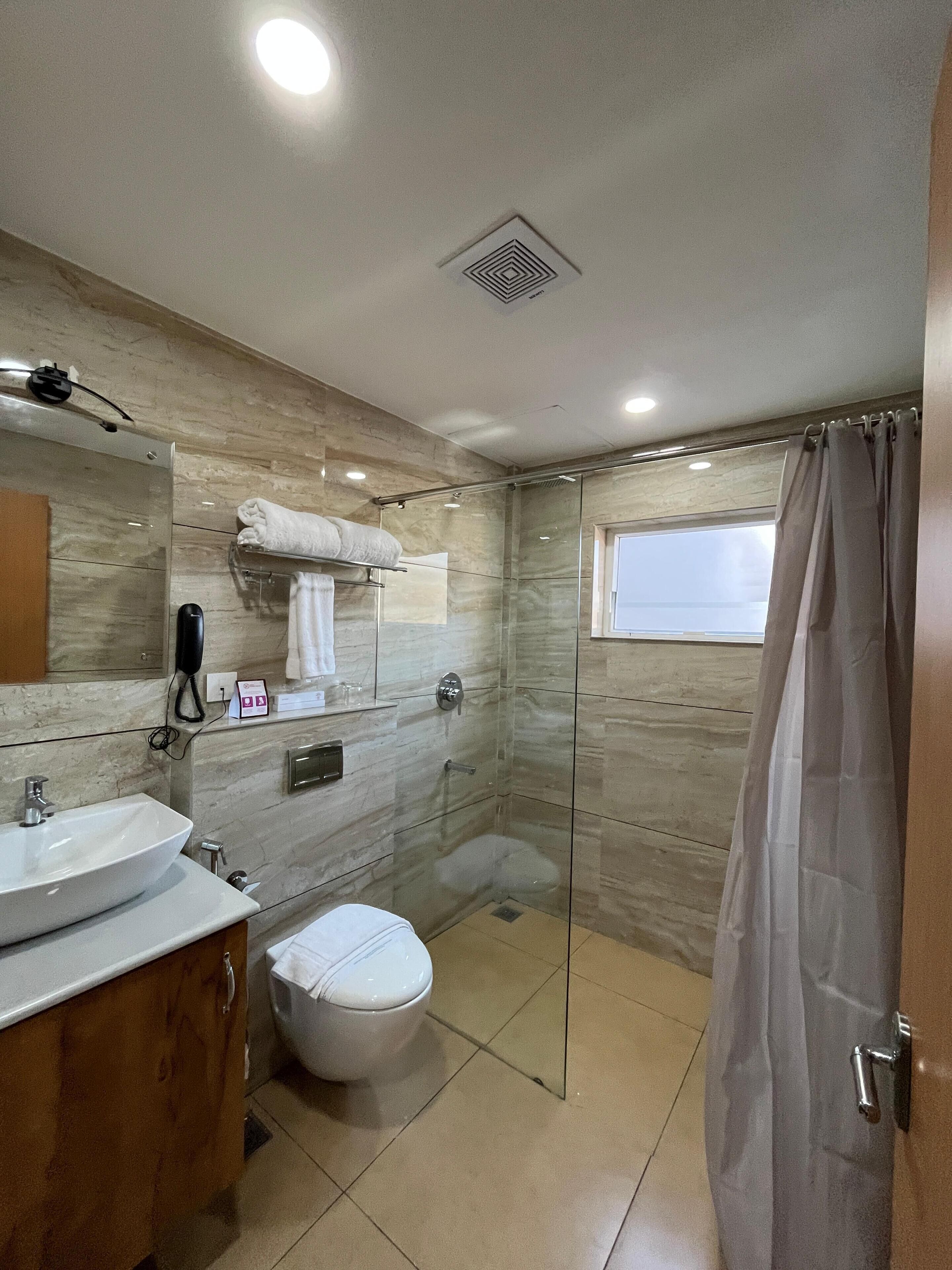A modern bathroom with a glass shower enclosure, a white sink, and a toilet.