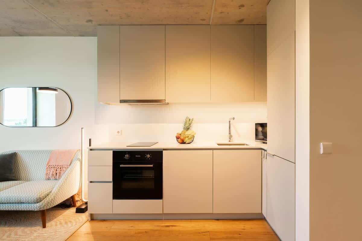 Frigorífico, microondas, horno y placa de cocina