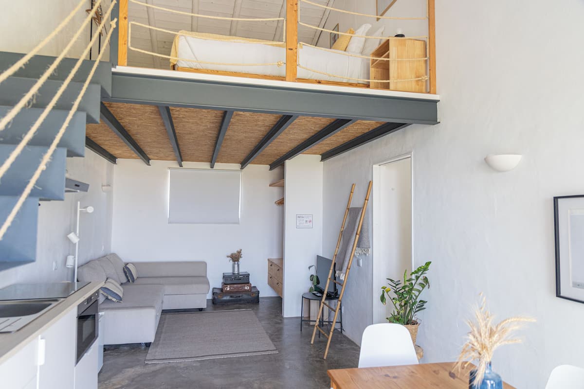 A loft-style living space with a loft bed, a kitchen area, a seating area with a sofa, and a dining table.