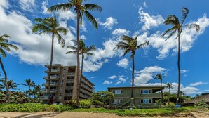 Un hotel frente a la playa con varios pisos, palmeras y un cielo azul despejado.