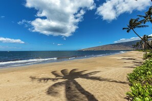 A beach with clear skies, ocean waves, and palm trees. - Poolside peace, garden views in a modern setting (Kihei)