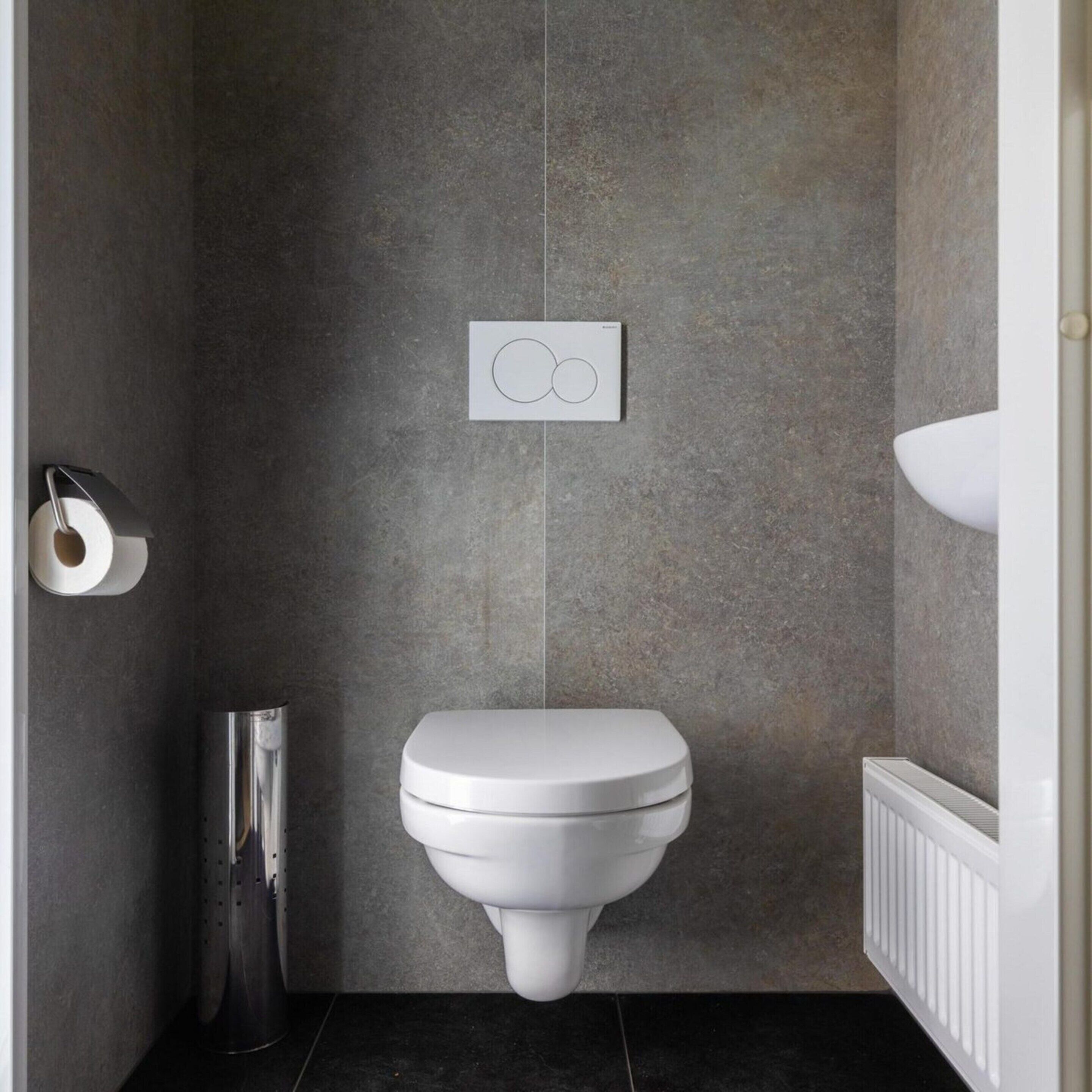 Une salle de bain moderne avec des toilettes blanches, un porte-rouleau de papier toilette fixé au mur et un radiateur.