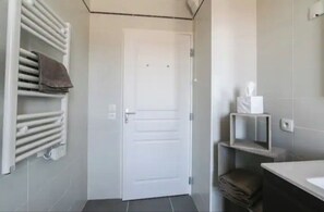 Hair dryer, towels, soap, toilet paper