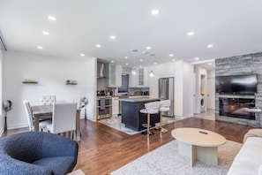 Smart TV, fireplace, video games, books