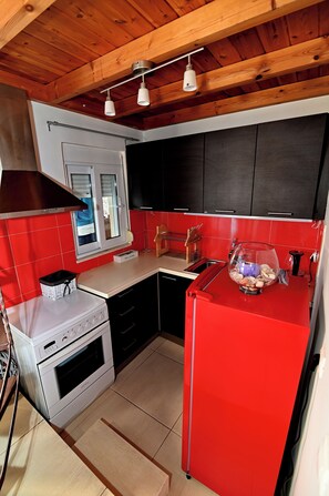 Appartement | Privékeuken | Een koelkast met diepvriezer, een oven, een kookplaat